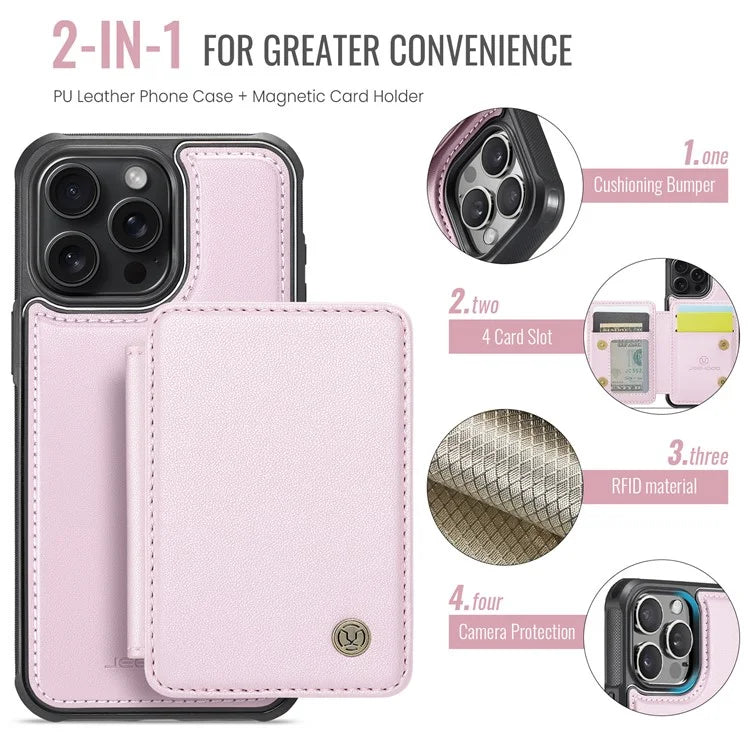 JEEHOOD J05 For iPhone 16 Pro Max Case Card Holder Kickstand Leather+TPU Phone Cover