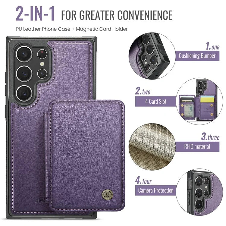 JEEHOOD J05 For Samsung Galaxy S23 Ultra Case Card Holder Kickstand Leather+TPU Phone Cover