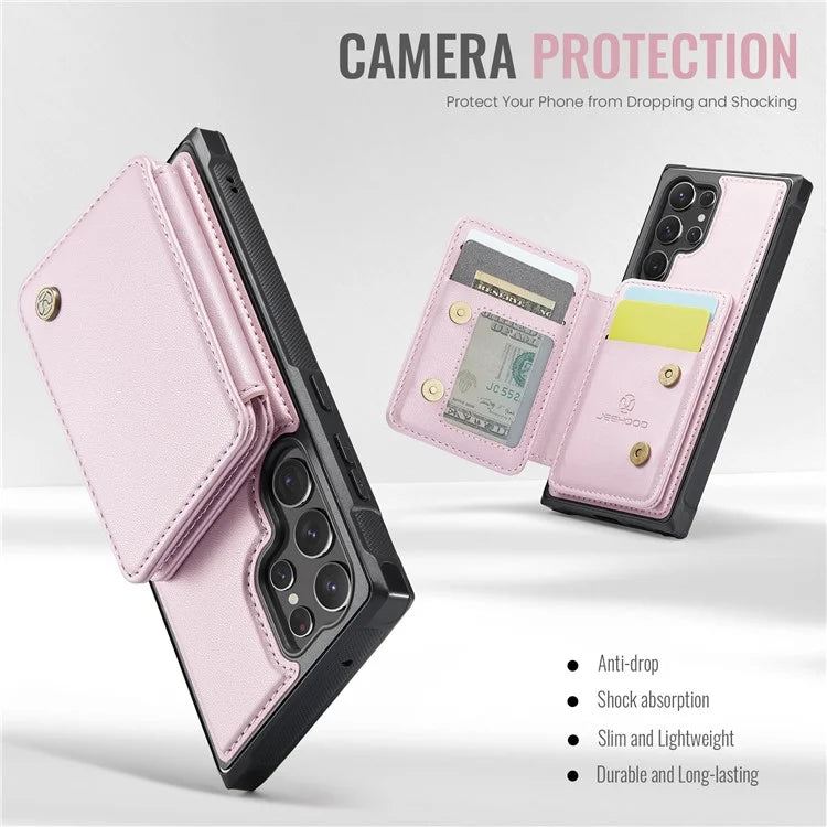 JEEHOOD J05 For Samsung Galaxy S23 Ultra Case Card Holder Kickstand Leather+TPU Phone Cover