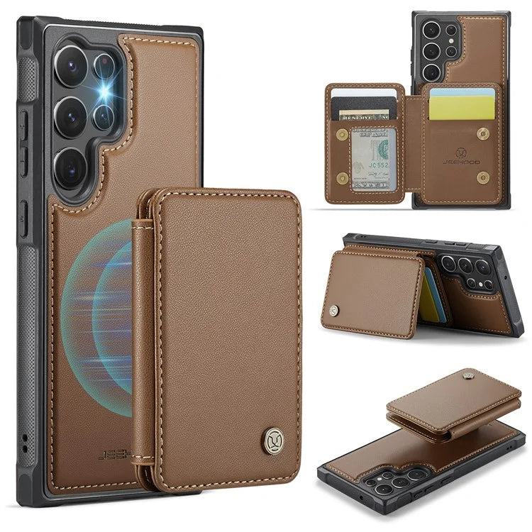 JEEHOOD J05 For Samsung Galaxy S23 Ultra Case Card Holder Kickstand Leather+TPU Phone Cover
