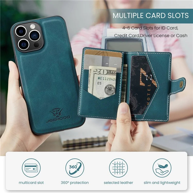 JEEHOOD J01 For iPhone 16 Pro Max Case Retro Leather + TPU Phone Cover Detachable Magnetic Card Holder