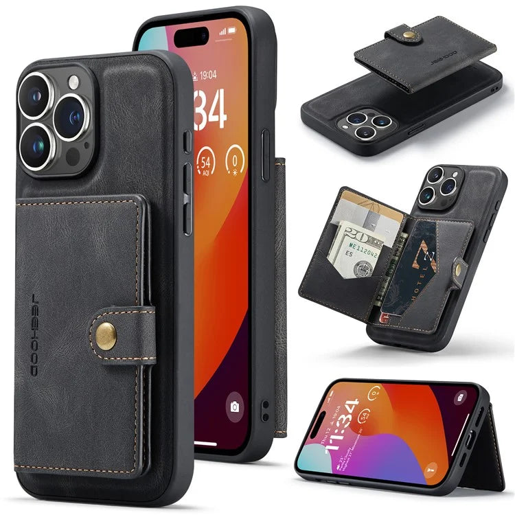 JEEHOOD J01 For iPhone 16 Pro Max Case Retro Leather + TPU Phone Cover Detachable Magnetic Card Holder