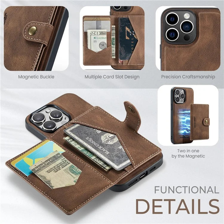 JEEHOOD J01 For iPhone 16 Pro Max Case Retro Leather + TPU Phone Cover Detachable Magnetic Card Holder
