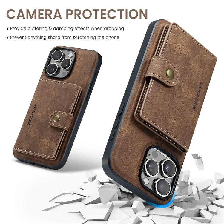 JEEHOOD J01 For iPhone 16 Pro Max Case Retro Leather + TPU Phone Cover Detachable Magnetic Card Holder