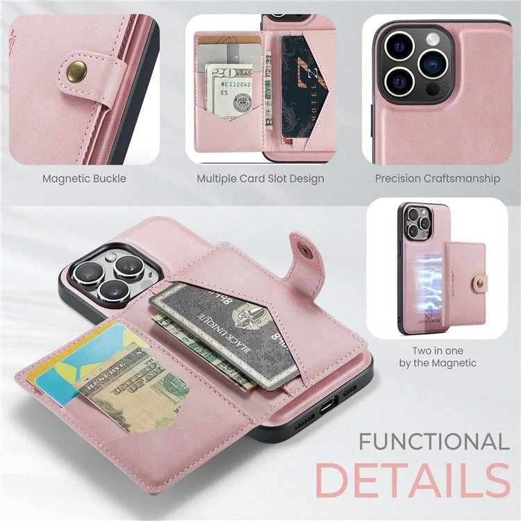 JEEHOOD J01 For iPhone 16 Pro Max Case Retro Leather + TPU Phone Cover Detachable Magnetic Card Holder