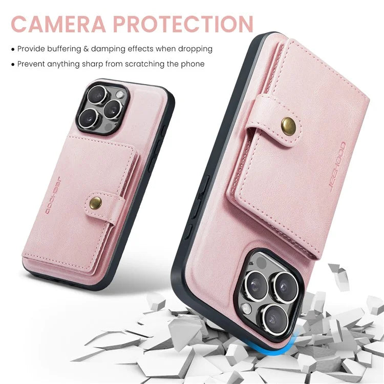 JEEHOOD J01 For iPhone 16 Pro Max Case Retro Leather + TPU Phone Cover Detachable Magnetic Card Holder