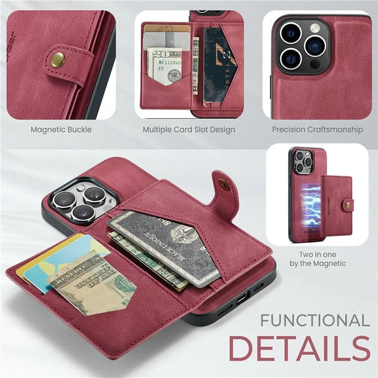 JEEHOOD J01 For iPhone 16 Pro Max Case Retro Leather + TPU Phone Cover Detachable Magnetic Card Holder