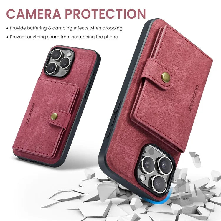 JEEHOOD J01 For iPhone 16 Pro Max Case Retro Leather + TPU Phone Cover Detachable Magnetic Card Holder