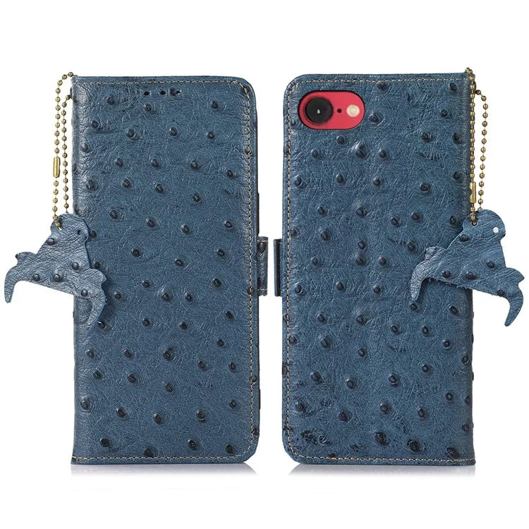 For iPhone SE (2024) Case RFID Blocking Genuine Cow Leather Phone Case Ostrich Texture