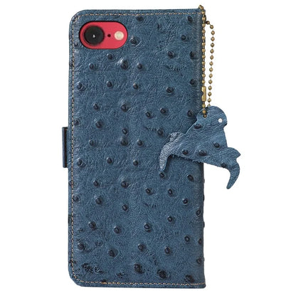 For iPhone SE (2024) Case RFID Blocking Genuine Cow Leather Phone Case Ostrich Texture
