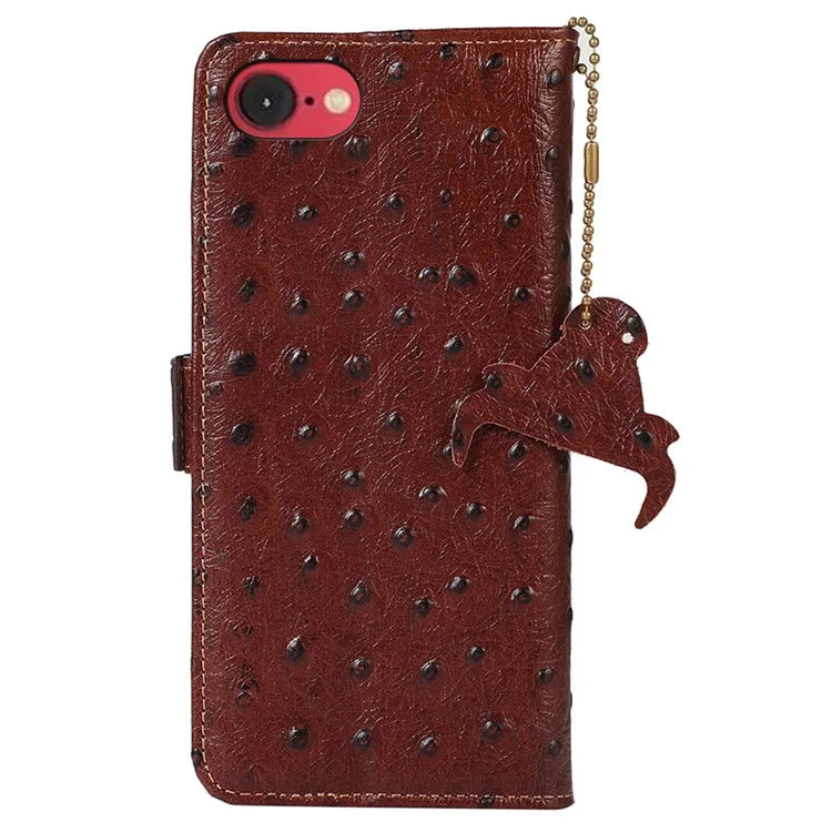 For iPhone SE (2024) Case RFID Blocking Genuine Cow Leather Phone Case Ostrich Texture