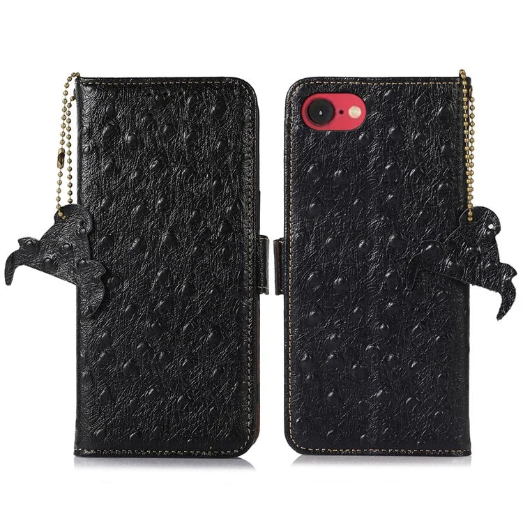 For iPhone SE (2024) Case RFID Blocking Genuine Cow Leather Phone Case Ostrich Texture