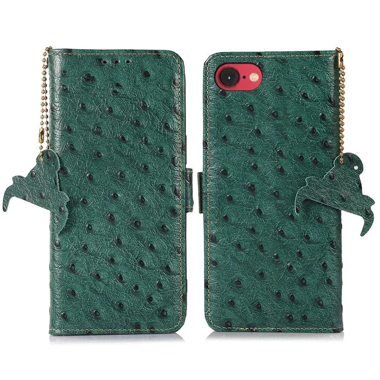 For iPhone SE (2024) Case RFID Blocking Genuine Cow Leather Phone Case Ostrich Texture