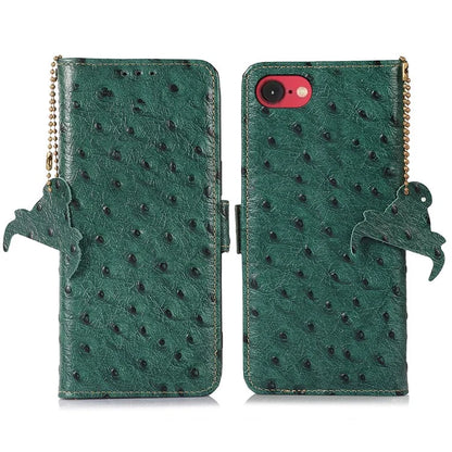 For iPhone SE (2024) Case RFID Blocking Genuine Cow Leather Phone Case Ostrich Texture