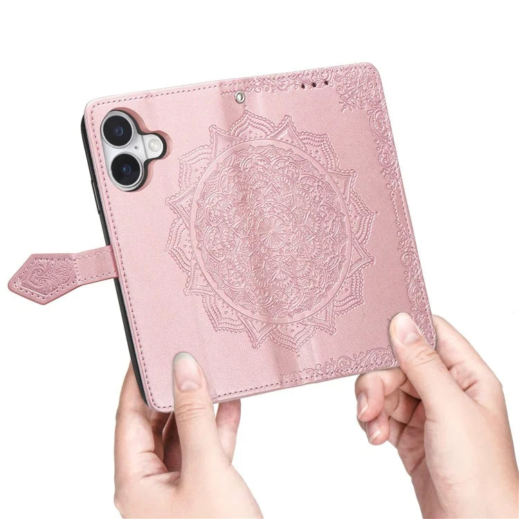 For iPhone 16 Plus Case Mandala Embossed Design Leather Wallet Phone Cover