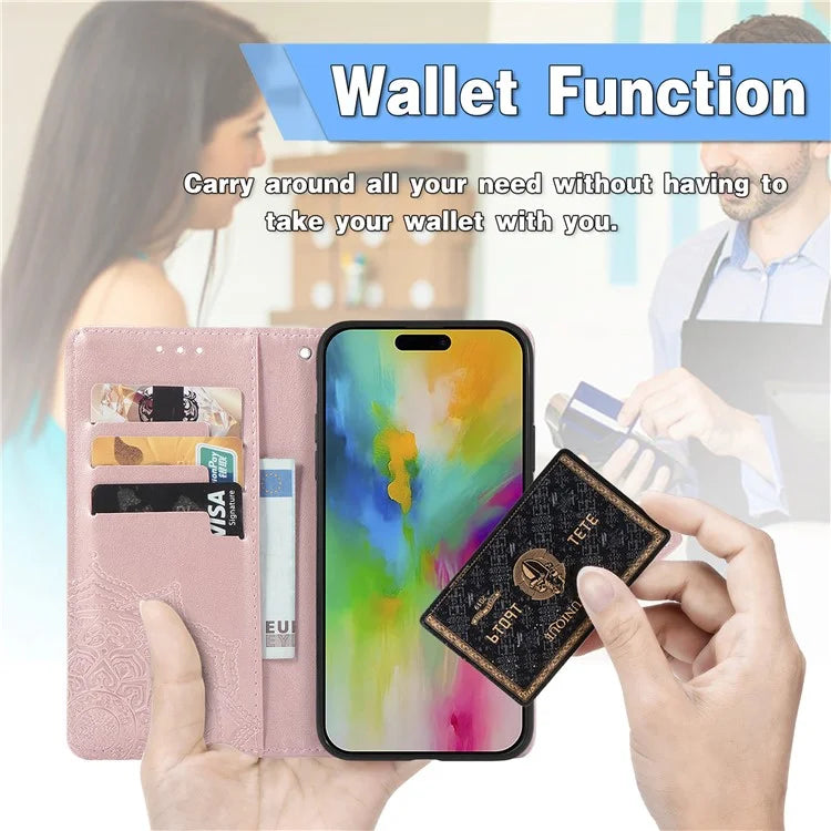For iPhone 16 Plus Case Mandala Embossed Design Leather Wallet Phone Cover