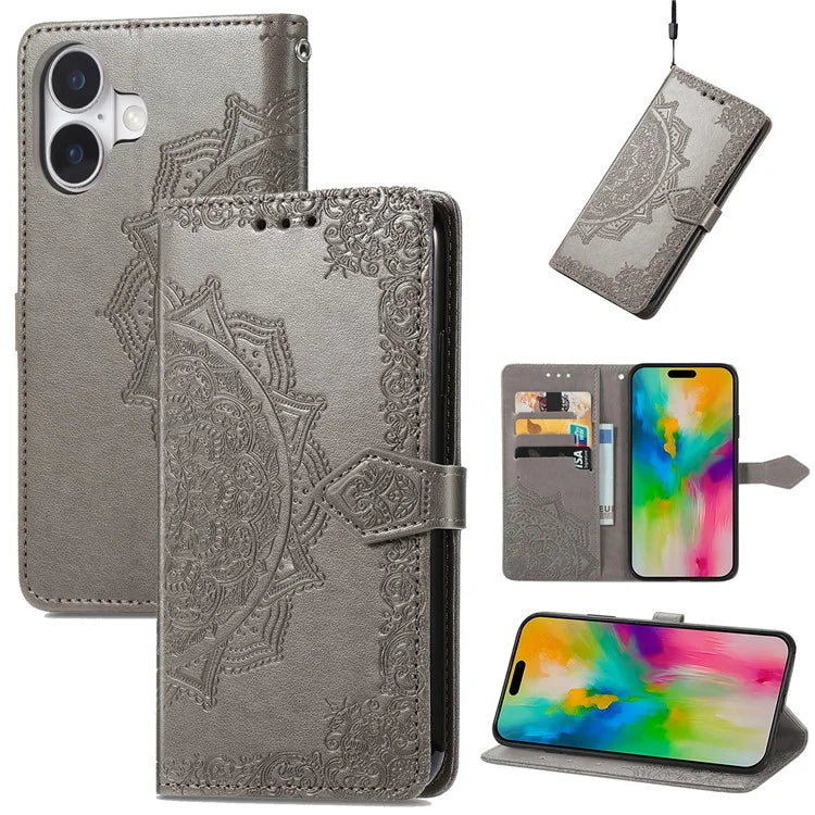 For iPhone 16 Plus Case Mandala Embossed Design Leather Wallet Phone Cover