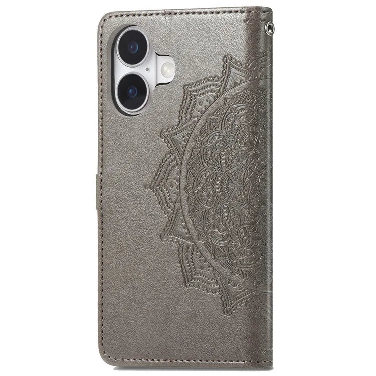 For iPhone 16 Plus Case Mandala Embossed Design Leather Wallet Phone Cover
