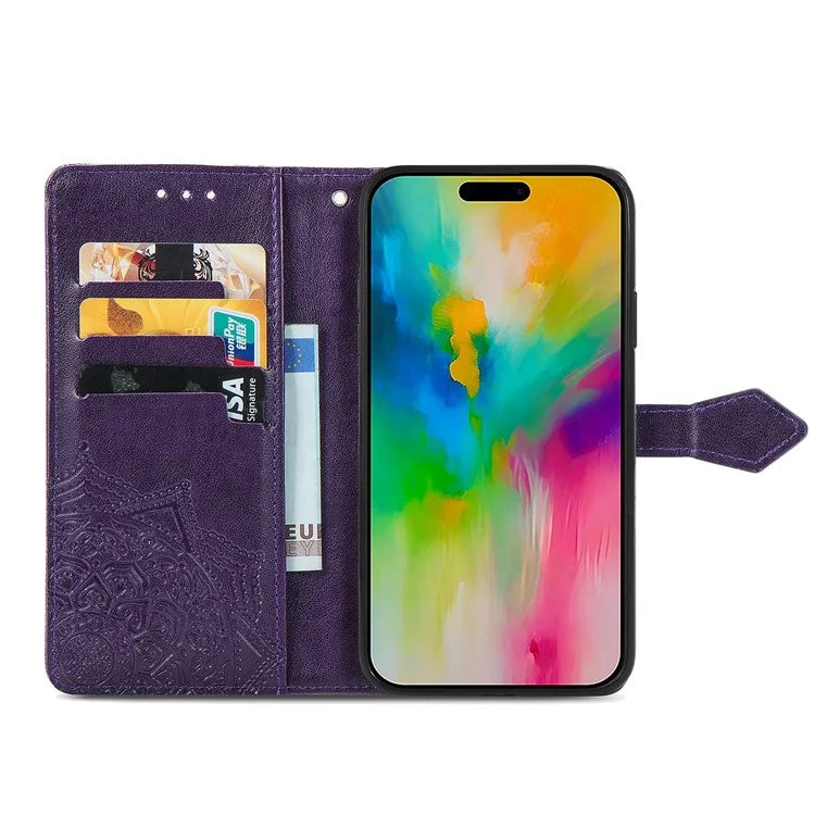 For iPhone 16 Plus Case Mandala Embossed Design Leather Wallet Phone Cover