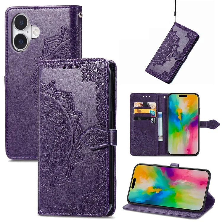 For iPhone 16 Plus Case Mandala Embossed Design Leather Wallet Phone Cover