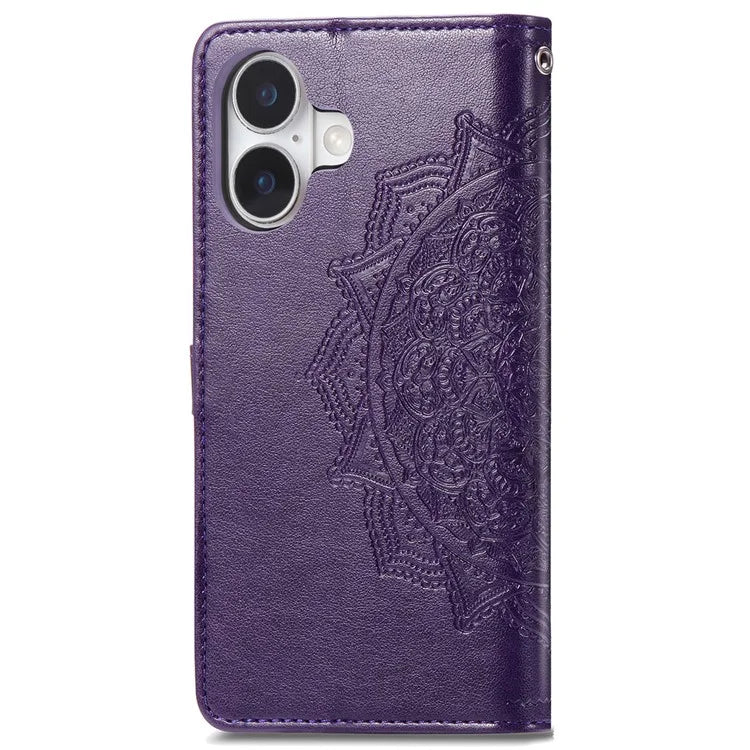 For iPhone 16 Plus Case Mandala Embossed Design Leather Wallet Phone Cover