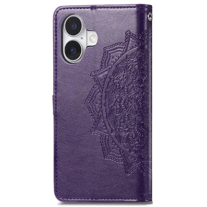 For iPhone 16 Plus Case Mandala Embossed Design Leather Wallet Phone Cover