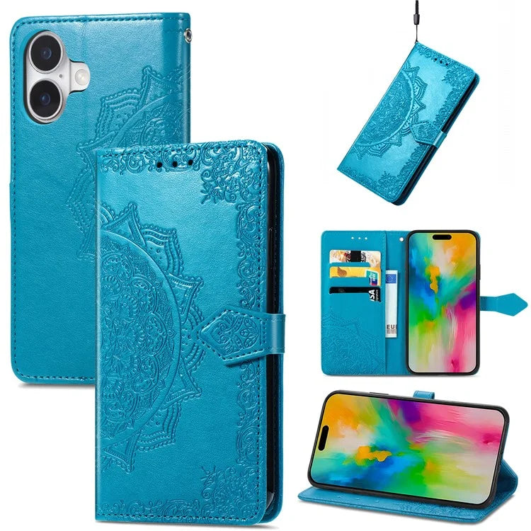 For iPhone 16 Plus Case Mandala Embossed Design Leather Wallet Phone Cover