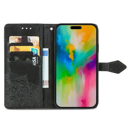 For iPhone 16 Plus Case Mandala Embossed Design Leather Wallet Phone Cover