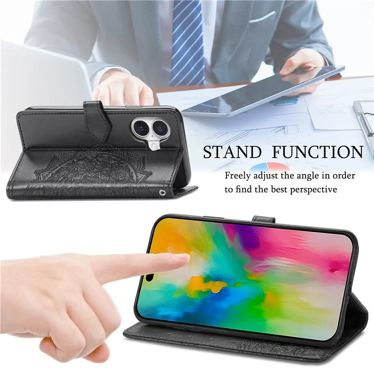 For iPhone 16 Plus Case Mandala Embossed Design Leather Wallet Phone Cover