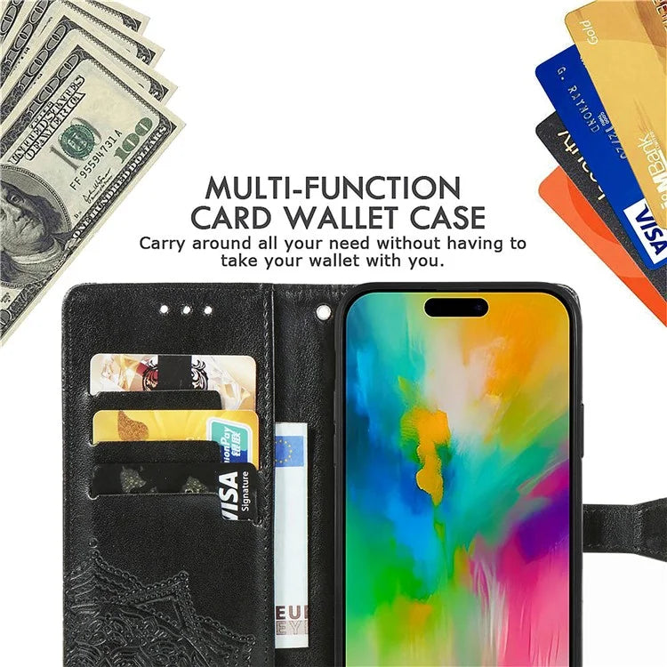 For iPhone 16 Plus Case Mandala Embossed Design Leather Wallet Phone Cover