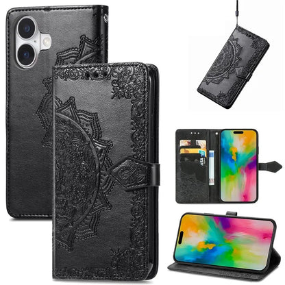 For iPhone 16 Plus Case Mandala Embossed Design Leather Wallet Phone Cover