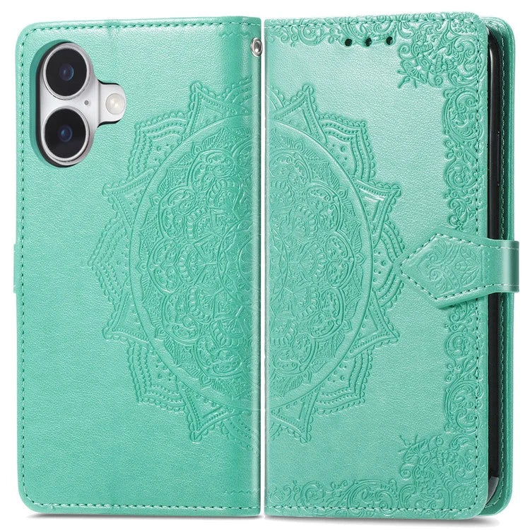 For iPhone 16 Plus Case Mandala Embossed Design Leather Wallet Phone Cover
