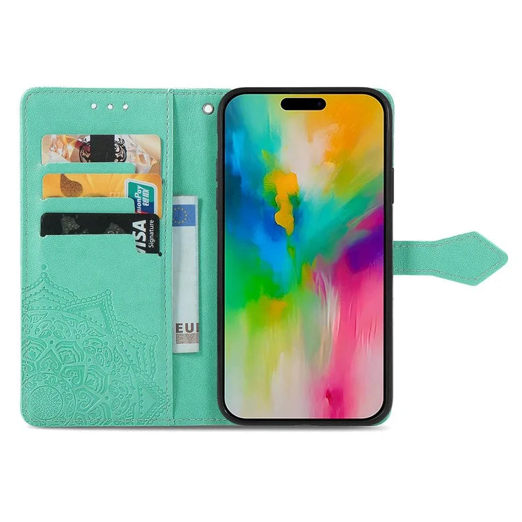 For iPhone 16 Plus Case Mandala Embossed Design Leather Wallet Phone Cover