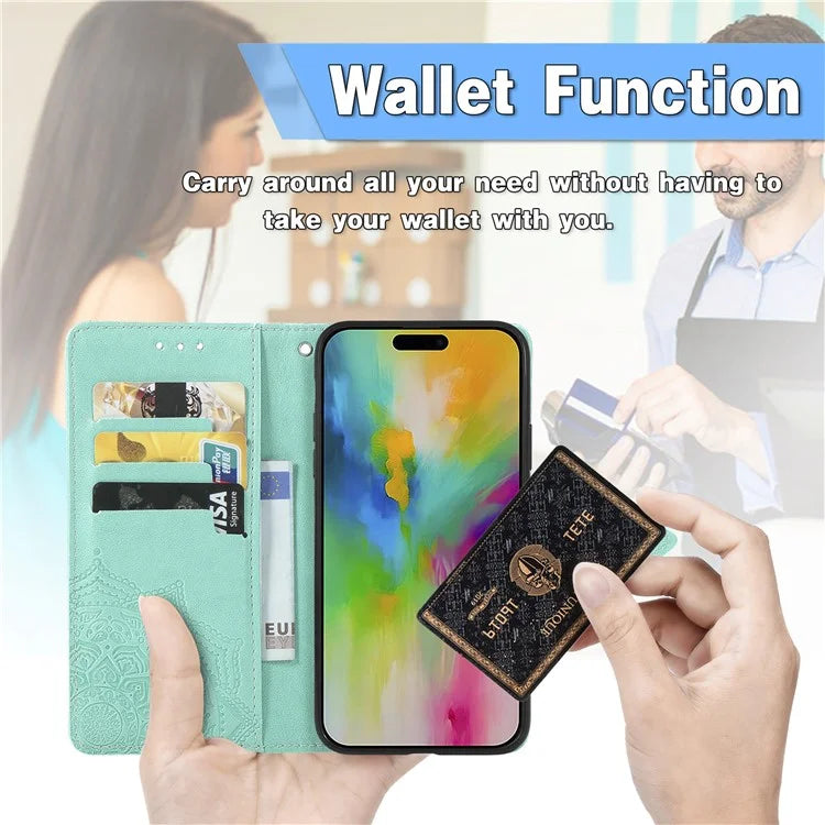 For iPhone 16 Plus Case Mandala Embossed Design Leather Wallet Phone Cover