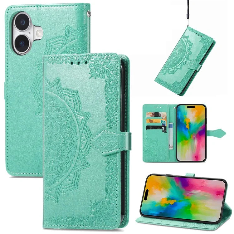 For iPhone 16 Plus Case Mandala Embossed Design Leather Wallet Phone Cover
