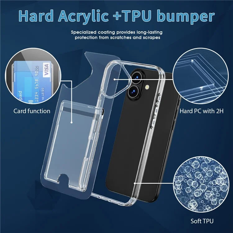 For iPhone 16 Plus Clear Case TPU+PC+Acrylic Cell Phone Case with Card Holder