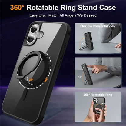 For iPhone 16 Plus Case Compatible with MagSafe Rotatable Ring Kickstand TPU+PC Phone Cover