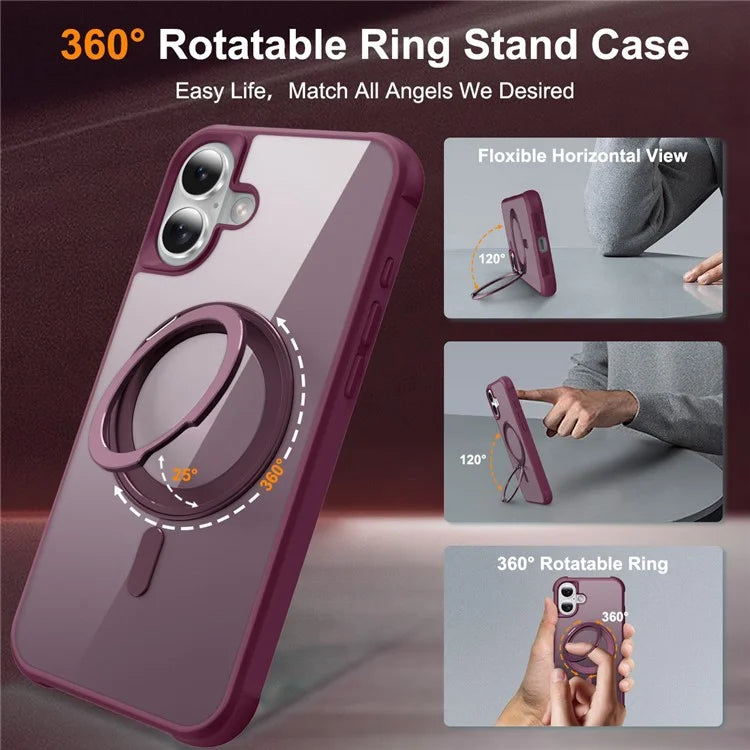 For iPhone 16 Plus Case Compatible with MagSafe Rotatable Ring Kickstand TPU+PC Phone Cover