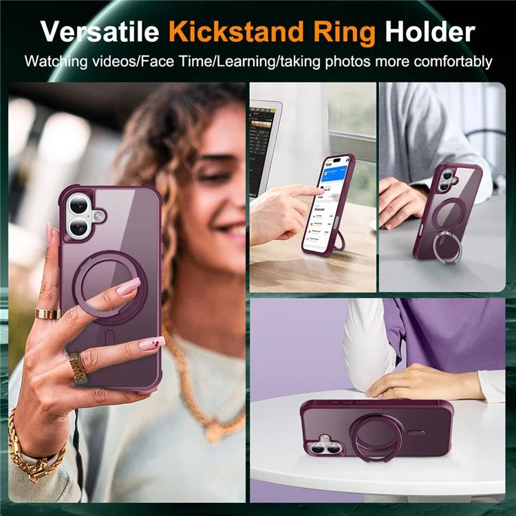 For iPhone 16 Plus Case Compatible with MagSafe Rotatable Ring Kickstand TPU+PC Phone Cover