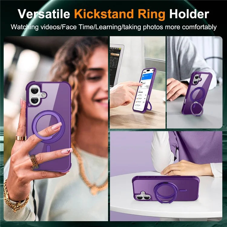 For iPhone 16 Plus Case Compatible with MagSafe Rotatable Ring Kickstand TPU+PC Phone Cover