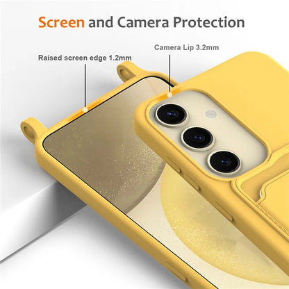 For Samsung Galaxy S23 FE Case Liquid Silicone Card Holder Phone Back Cover with Lanyard
