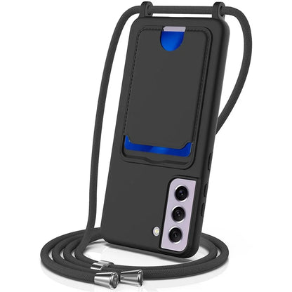 For Samsung Galaxy S21 FE 5G Case Liquid Silicone Card Holder Phone Back Cover with Lanyard