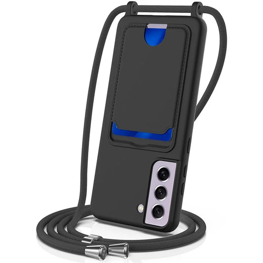 For Samsung Galaxy S21 FE 5G Case Liquid Silicone Card Holder Phone Back Cover with Lanyard