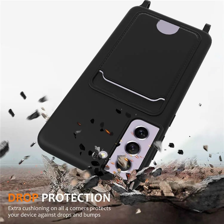 For Samsung Galaxy S21 FE 5G Case Liquid Silicone Card Holder Phone Back Cover with Lanyard