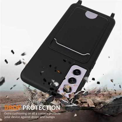 For Samsung Galaxy S21 FE 5G Case Liquid Silicone Card Holder Phone Back Cover with Lanyard