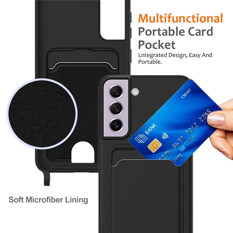 For Samsung Galaxy S21 FE 5G Case Liquid Silicone Card Holder Phone Back Cover with Lanyard
