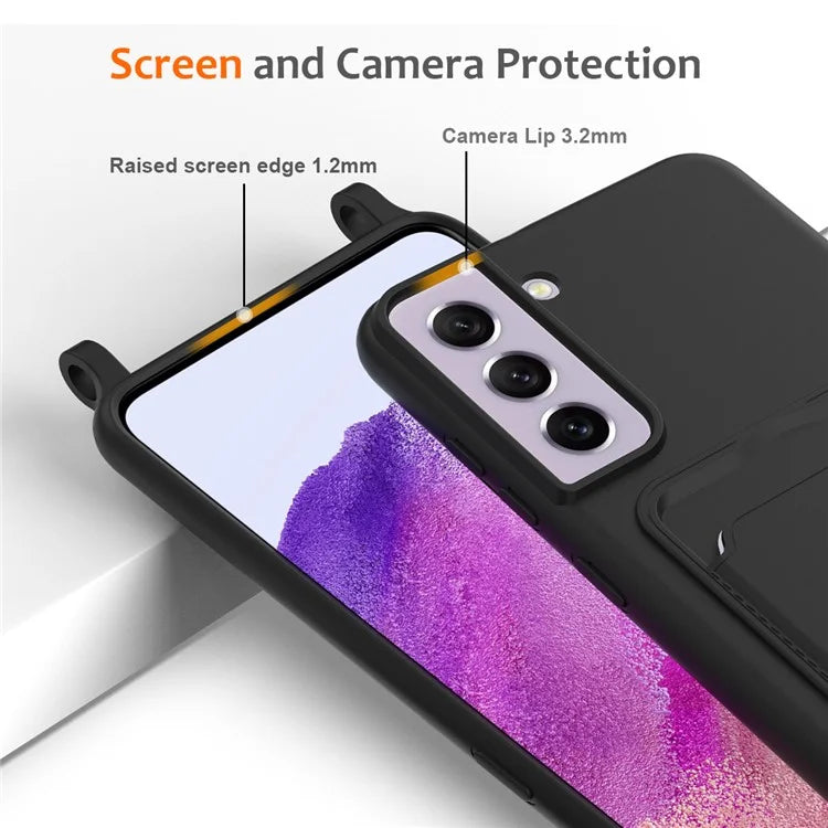 For Samsung Galaxy S21 FE 5G Case Liquid Silicone Card Holder Phone Back Cover with Lanyard