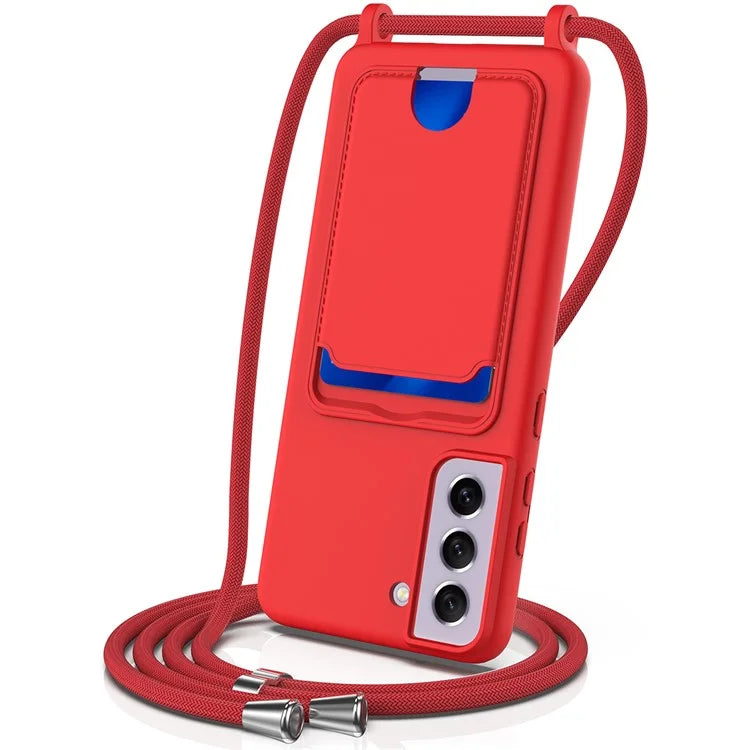 For Samsung Galaxy S21 FE 5G Case Liquid Silicone Card Holder Phone Back Cover with Lanyard