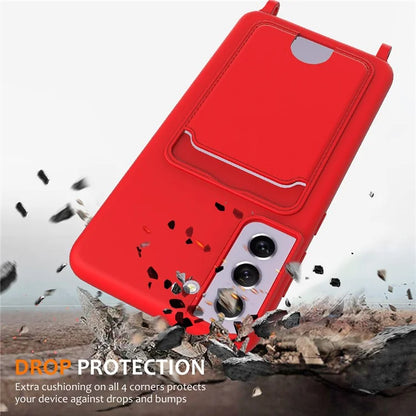 For Samsung Galaxy S21 FE 5G Case Liquid Silicone Card Holder Phone Back Cover with Lanyard