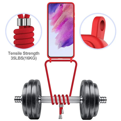 For Samsung Galaxy S21 FE 5G Case Liquid Silicone Card Holder Phone Back Cover with Lanyard